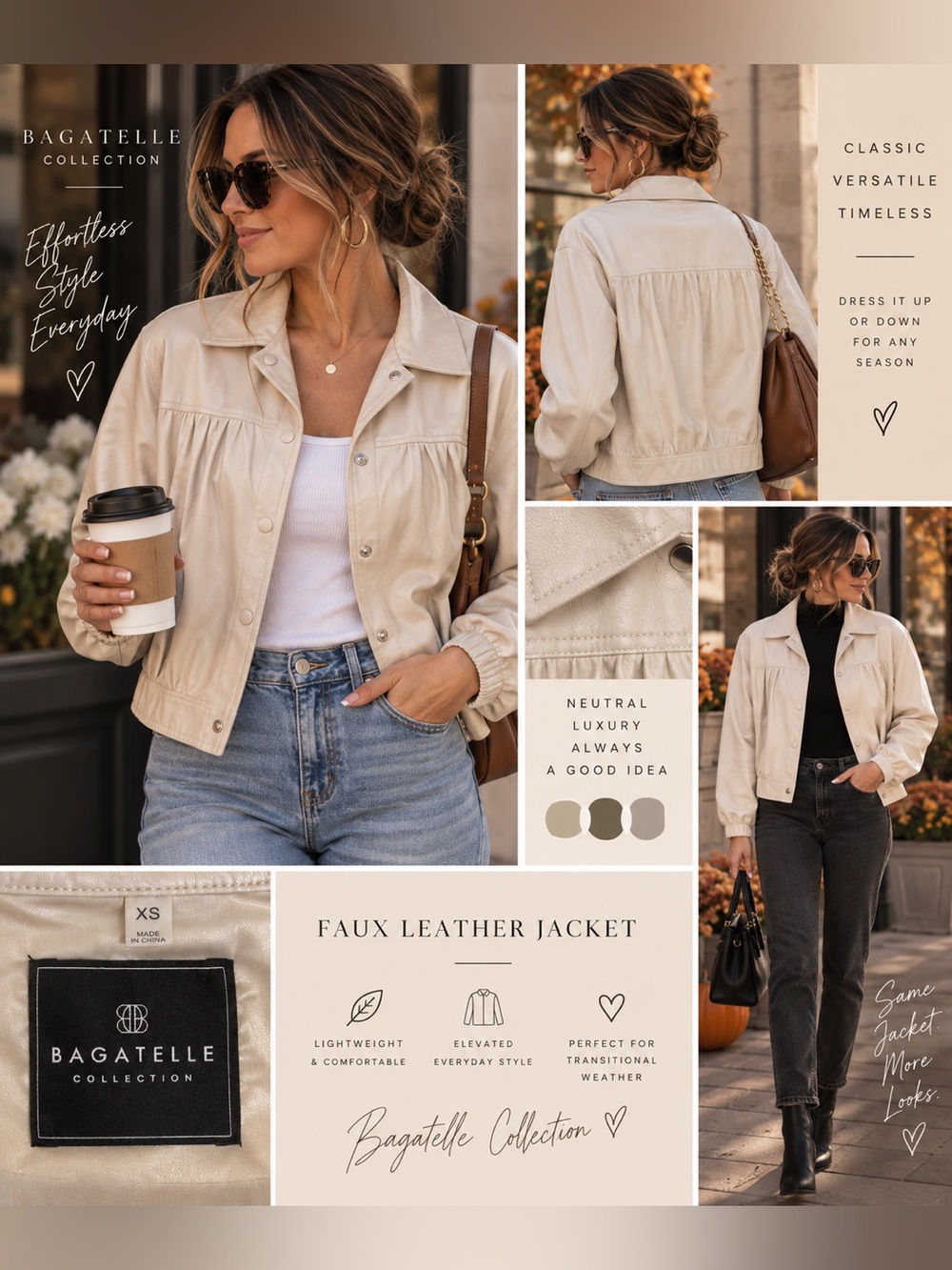 Bagatelle Collection Faux Leather Jacket Cream Beige XS Snap Front